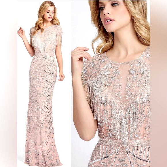 Mac Duggal Dresses & Skirts - MAC DUGGAL Nude Platinum Beaded Fringe Illusion V-Neck Column Gown - Bridal 8